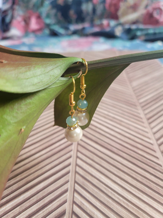 2 Bead Dangle Earrings With Large Pearl And Small Blue Stone