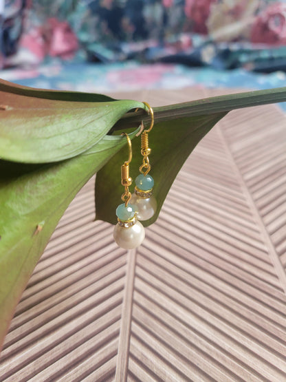 2 Bead Dangle Earrings With Large Pearl And Small Blue Stone